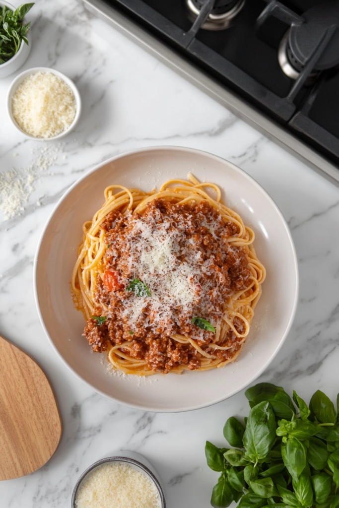 A plate of linguine bolognese garnished with fresh basil and grated parmesan, ready to serve as a flavorful family meal.