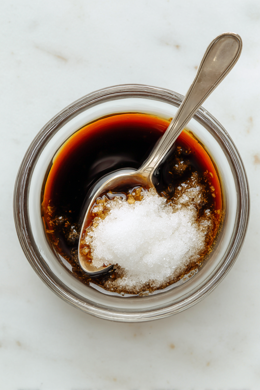 In a bowl, mix 3 tablespoons of soy sauce, 2 tablespoons of sugar, and 1 tablespoon of rice vinegar to make the marinade.