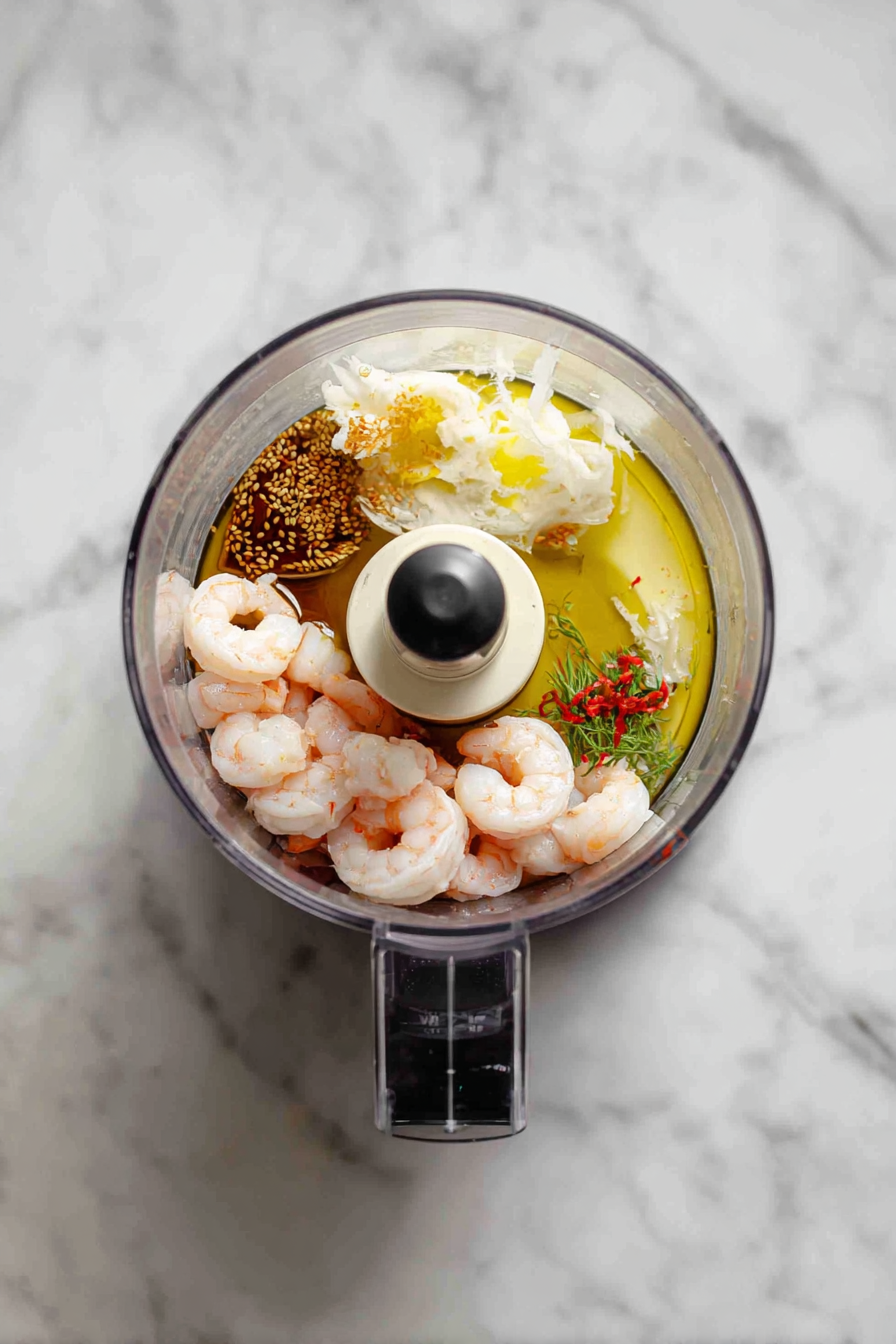 Add two-thirds of shrimp, egg white, soy sauce, and sesame oil; pulse for a coarse paste.