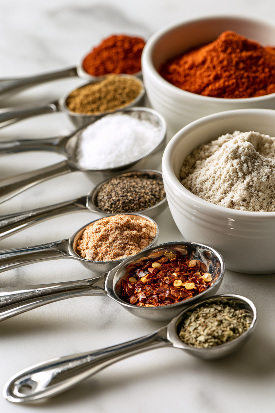 Measure out the desired quantities of each spice using measuring spoons and cups
