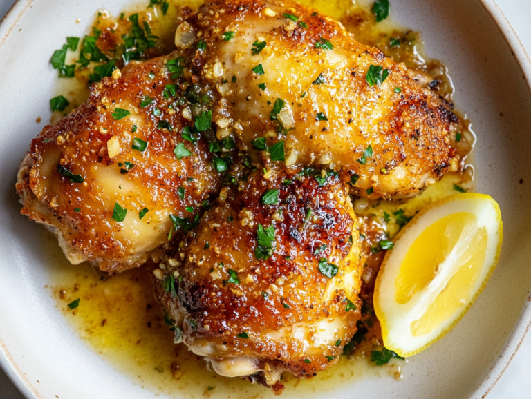 A beautifully plated Garlic Parmesan Chicken garnished with fresh herbs and Parmesan cheese, showcasing the deliciously crispy and savory dish.