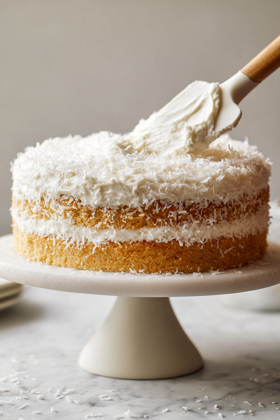 Once the cake layers are completely cooled, spread a layer of coconut cream frosting