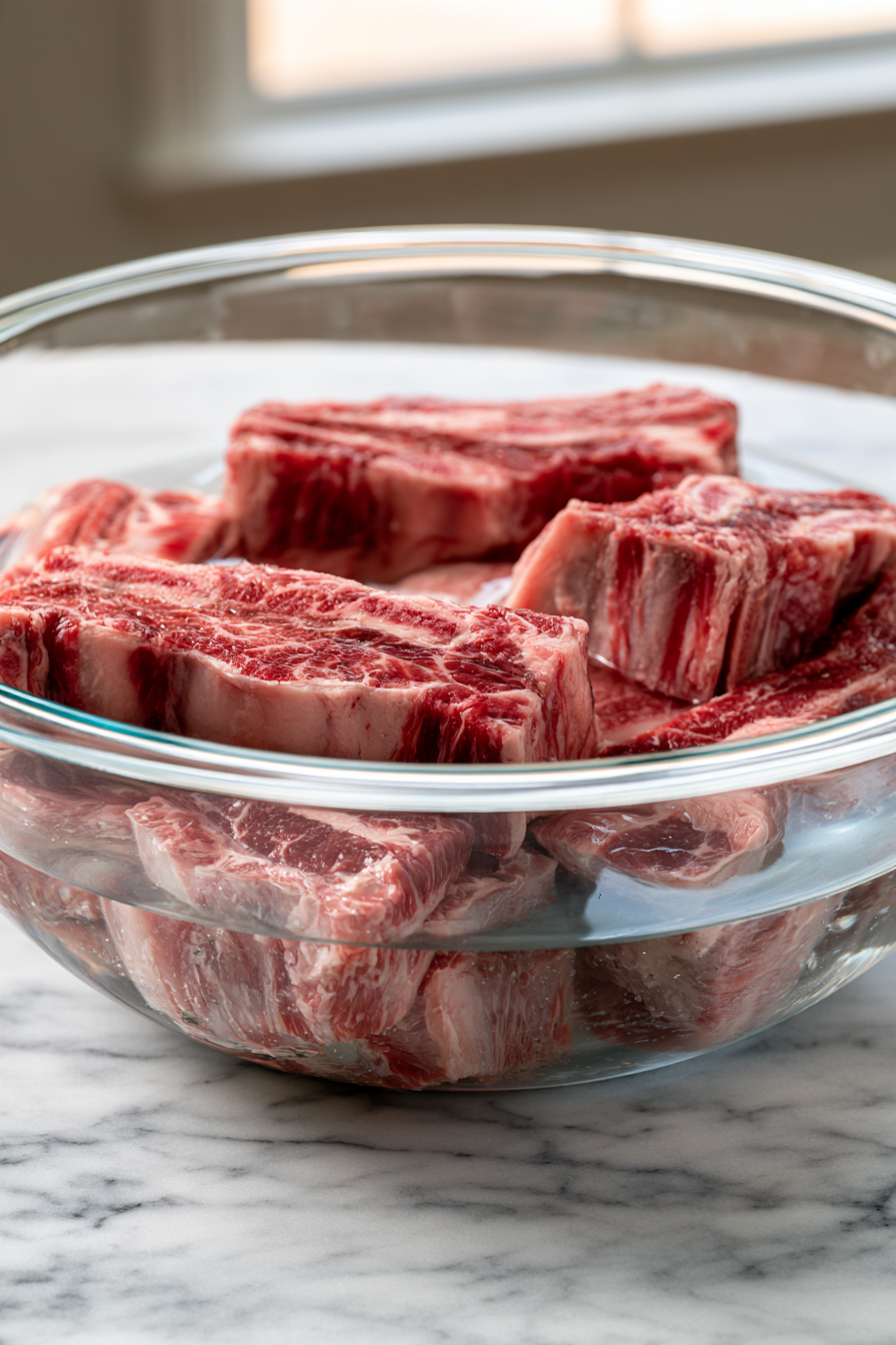 Place beef short ribs in a large bowl and cover with cold water