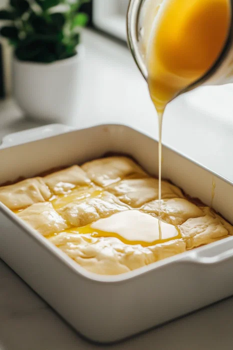 Pour melted butter over the top layer of dough.