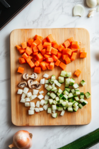 Chopped onion, carrot, zucchini, mushrooms, and green bell pepper neatly arranged on a cutting board, ready for cooking in the linguine bolognese recipe.