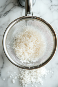 Uncooked white rice being rinsed under cold water in a fine-mesh strainer to remove excess starch before cooking for the Chimichurri Rice recipe.