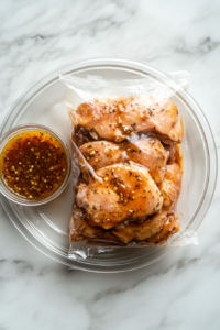 A ziplock bag filled with chicken thighs and garlic Parmesan marinade, sealed and ready to be refrigerated for the Garlic Parmesan Chicken recipe.