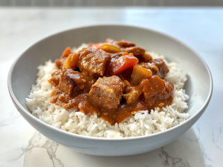 the image shows japanese pork curry ready to serve with rice.