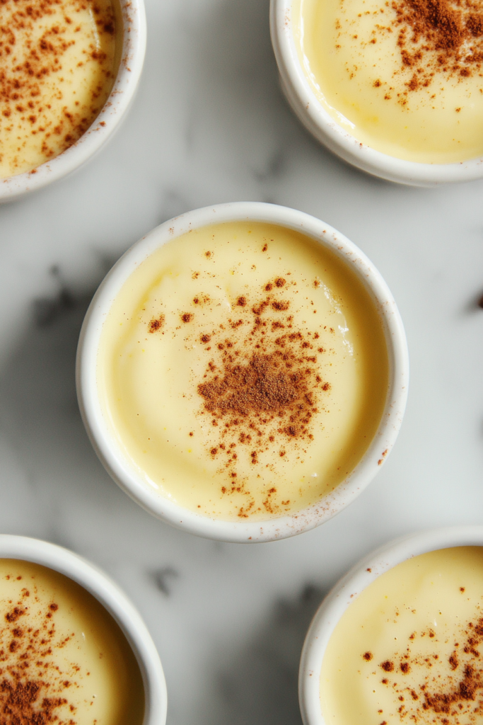 Chilled Cuban Natilla dessert served in bowls, topped with a light dusting of cinnamon for a classic finishing touch.