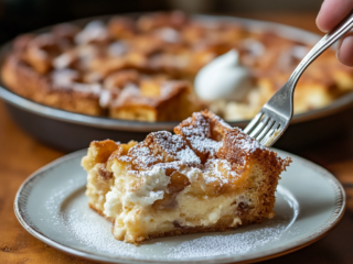 Serving the Strawberry Bread Pudding with Powdered Sugar and Whipped Cream