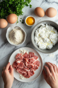 A preparation setup showing a plate of flour, a bowl of beaten eggs, and thinly sliced marinated flank steak arranged in an organized workspace, ready for coating and frying.