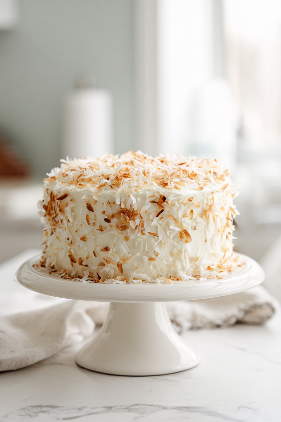 Slice and serve the Moist Coconut Cake, savoring the tropical flavors of the homemade coconut cream frosting