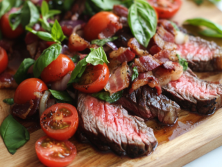 Slicing Seared Steaks and Preparing to Serve with Tomato Bacon Relish for the Bacon and Tomato Balsamic Steak Recipe