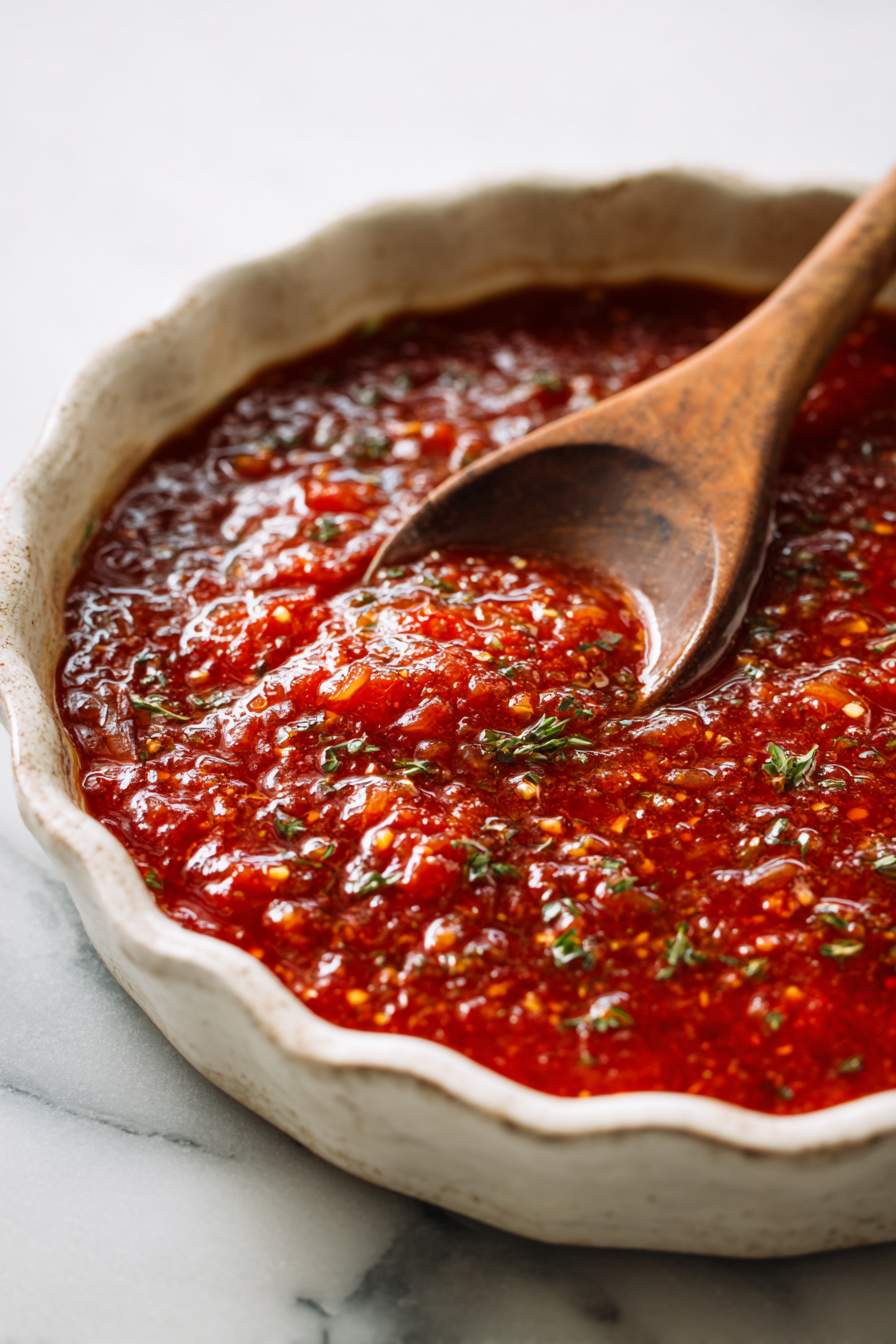 Spread the tomato onion mixture into the bottom of a rustic white ceramic baking dish.