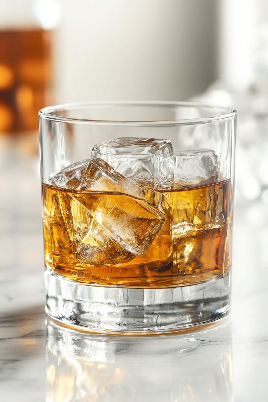 Stir the whiskey and ice to combine