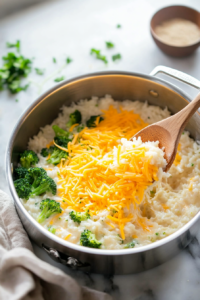 Shredded cheddar cheese being stirred into the cooked rice and broccoli mixture, enhancing the Creamy Broccoli Cheddar Rice Recipe.