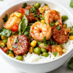 A top-down view of the final shrimp and sausage succotash served over a fluffy bed of white rice in a clean white ceramic bowl. The vibrant dish features golden andouille sausage slices, tender shrimp, lima beans, corn, and tomatoes, garnished beautifully with fresh torn basil. Presented on a spotless white marble countertop, this hearty Southern-style dish looks comforting, well-balanced, and flavorful, perfect for a delicious family meal or dinner party.