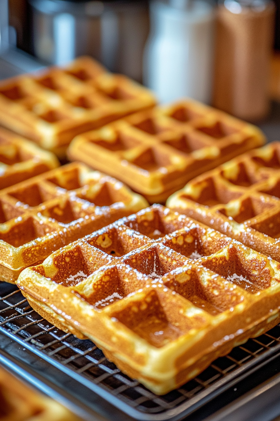 Transfer waffles to the wire rack in the oven to keep warm. Repeat with remaining batter