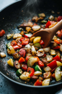 Thinly sliced garlic being added to the sautéed vegetables, infusing aromatic flavors into the base for the linguine bolognese sauce.