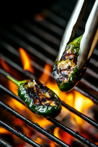 This image shows jalapeños being charred directly over a gas grill flame, with their skins blackening to add a smoky flavor to the marinade.