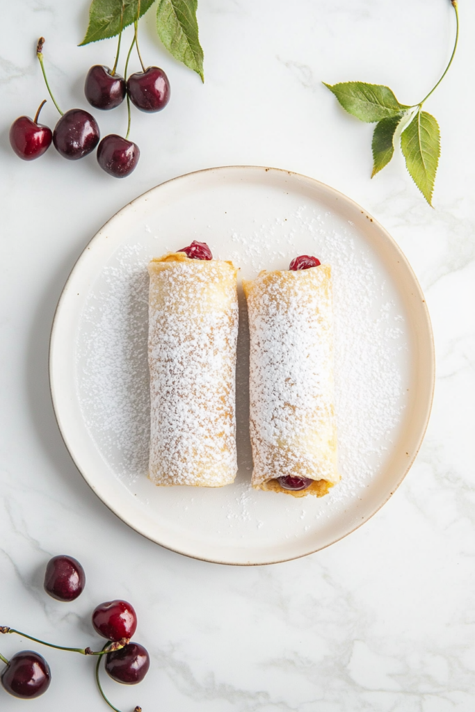  This image shows delicate sweet cherry pancake roll-ups neatly arranged and dusted with powdered sugar, served on a clean plate over a marble cooktop background.