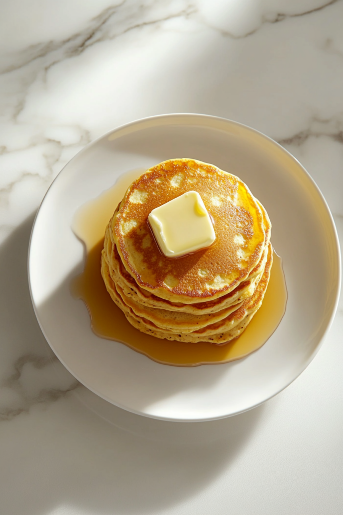 This image shows a stack of fluffy buttermilk oatmeal pancakes served with a dollop of butter and drizzled with syrup, placed on a plate atop a simple marble cooktop background.