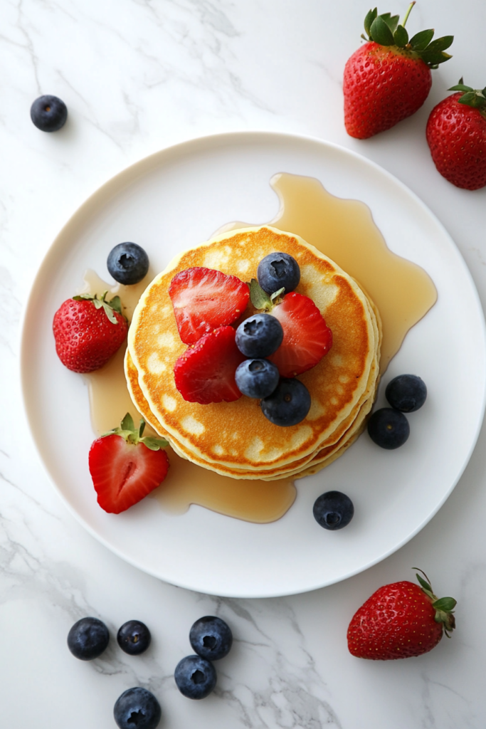 This image shows golden cottage cheese pancakes garnished with fresh berries and drizzled with honey, served on a marble cooktop, creating a simple yet inviting scene.