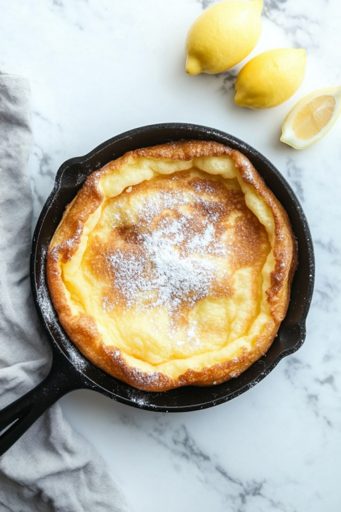 This image shows a puffy Dutch baby pancake lightly dusted with powdered sugar and served with fresh lemon wedges, beautifully presented on a marble cooktop.