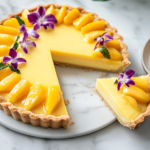 sliced mango curd tart on plate with coconut and lime garnish