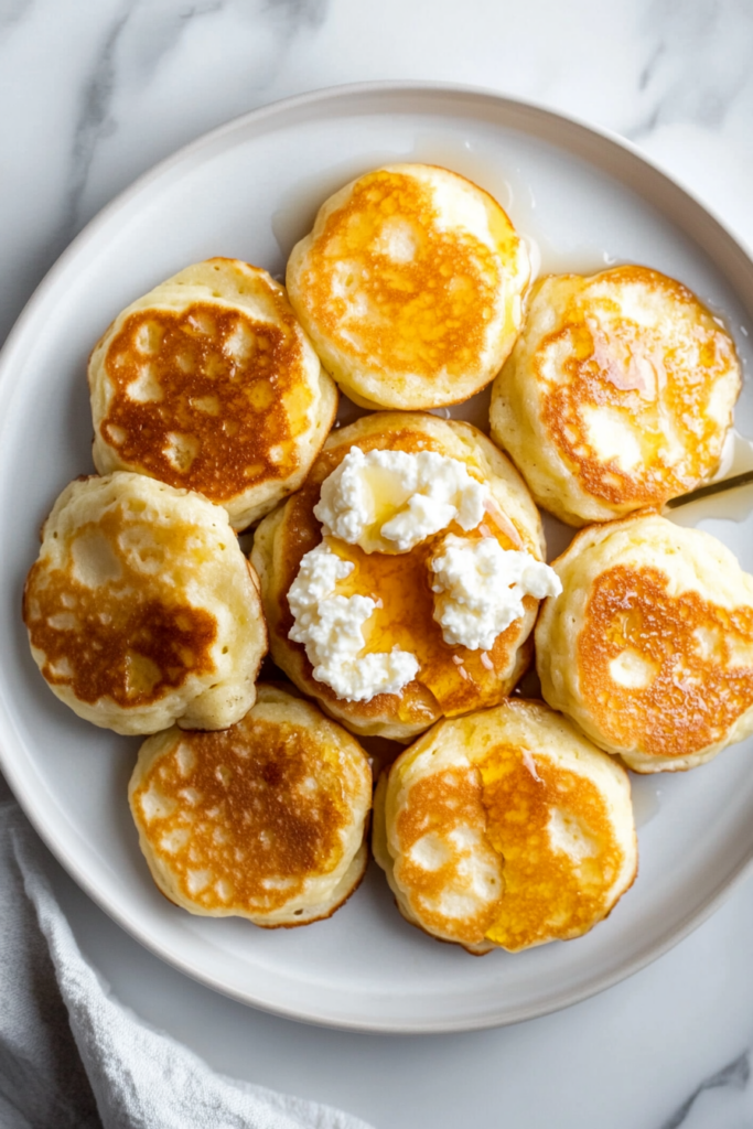 This image shows soft gluten-free pancakes topped with sliced banana and maple syrup, placed on a white plate over a marble cooktop background.