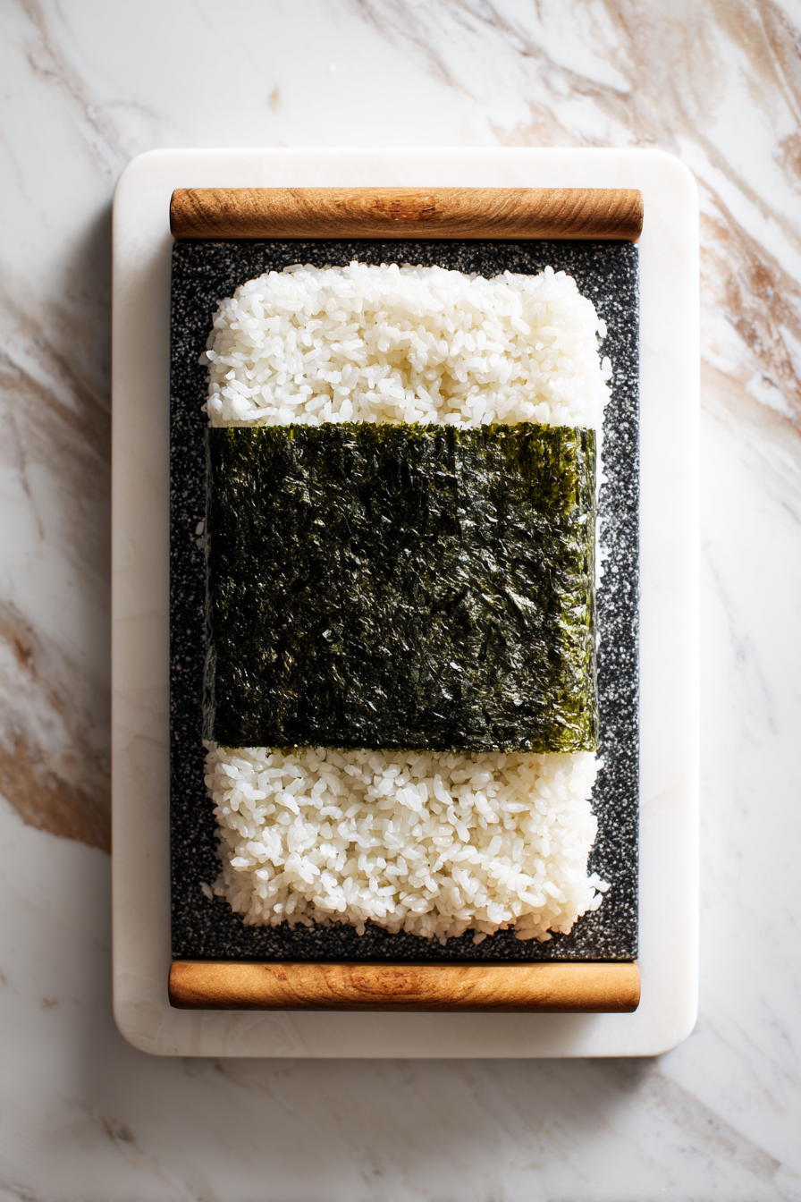 Take a musubi mold or a small rectangular mold (or improvise with clean, empty Spam can) and place it on a cutting board. Place a piece of nori on the bottom of the mold.