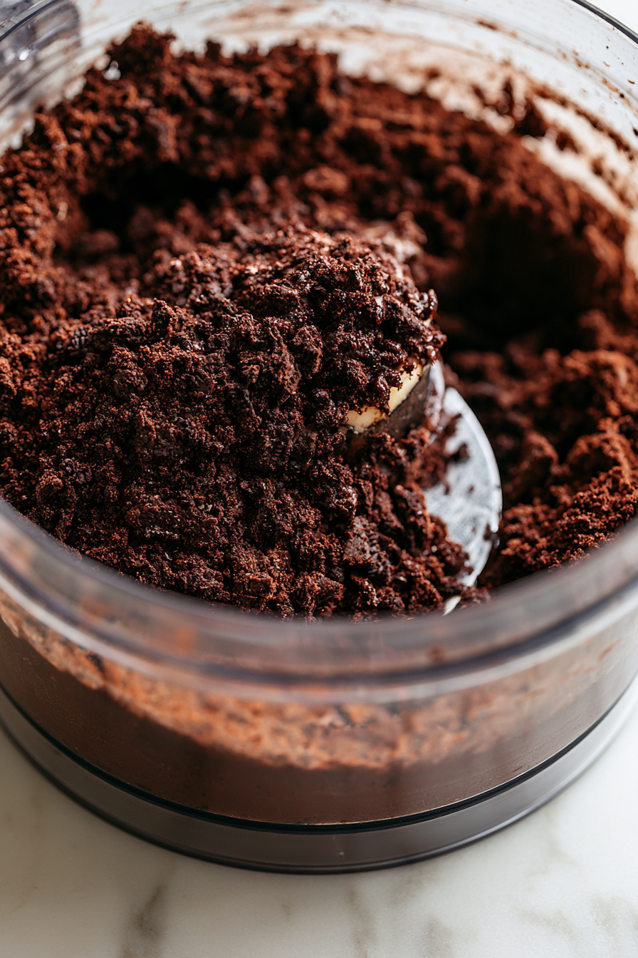 Add the chocolate sandwich cookies to a food processor and pulse until finely crushed