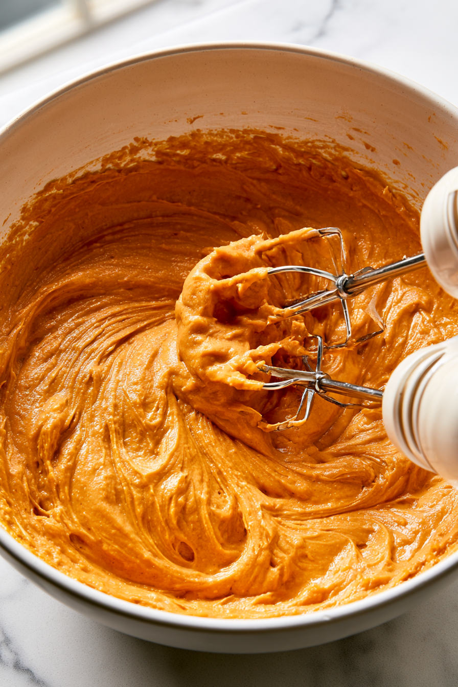 Add the eggs one at a time, mixing on low speed just until incorporated. Mix in the vanilla, cinnamon, ginger, allspice, salt, and flour until the filling is smooth