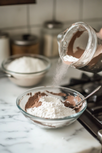 Adding Cocoa Powder and Sugar for Chocolate Spider Web Cake Frosting