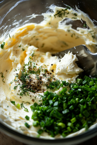 Adding Goat Cheese and Seasonings to Cream Cheese Mixture for Spider Cheese Balls