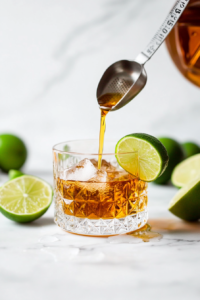 Adding fresh lime juice and maple syrup to Autumn Rickey bourbon cocktail