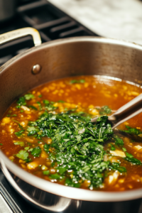 Adding spinach, rice vinegar, and lime juice to finish the Dumpling Soup recipe