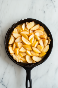 Arranging apples in skillet for Tarte Tatin before adding crust