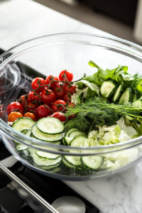 Neatly arranged rows of cherry tomatoes, cucumber slices, avocado, and sprigs of fresh dill placed on top of the greens and cabbage in the salad bowl