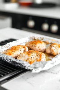 This image shows chicken breasts baking in the oven. The internal temperature reaches 150°F, indicating they are perfectly cooked and ready to cool.