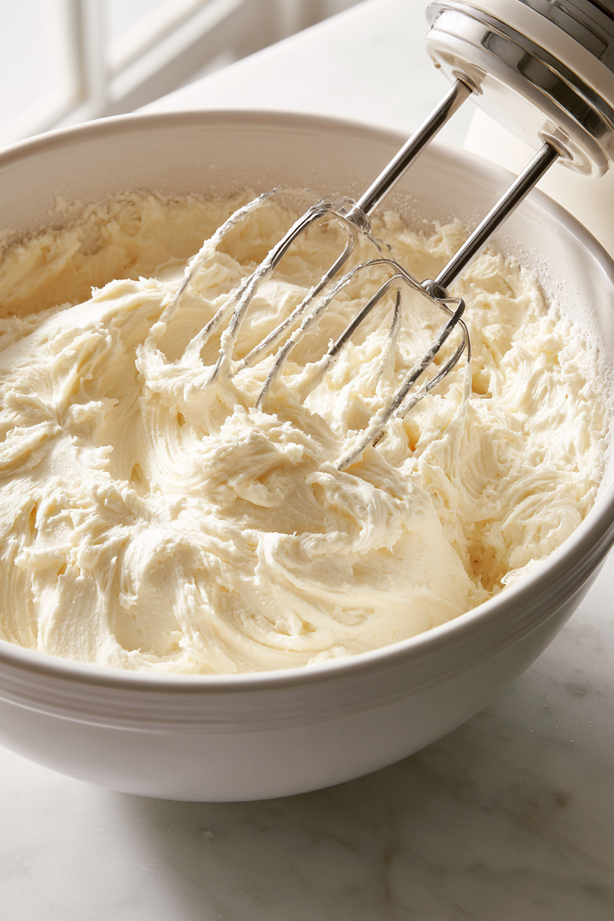 Beat the softened cream cheese and sugar until smooth and creamy