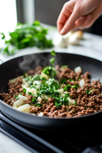 Browning ground beef with onions and garlic for spooky stuffed peppers recipe