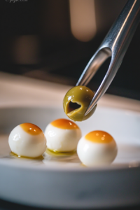 Carving Holes in Mozzarella Pearls with Melon Baller for Bloody Mary Garnish