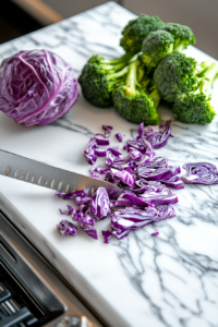 Chopping purple cabbage and broccoli for crunchy salad base