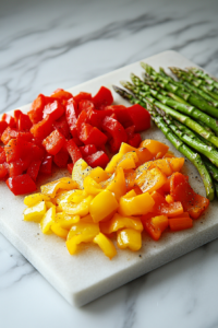 Roasted baby bell peppers with stems removed, chopped into bite-sized pieces, and roasted asparagus cut into thirds, ready to be added to the salad