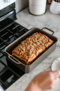 Cinnamon-apple babka baking in the oven with crumble topping