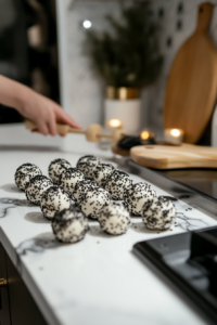 Coating Cheese Balls in Black Sesame Seeds for Spider Cheese Balls