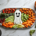 Completed Halloween veggie ghost platter ready to serve with dip