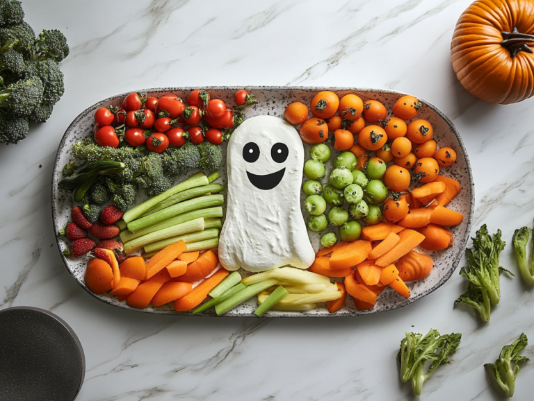 Completed Halloween veggie ghost platter ready to serve with dip