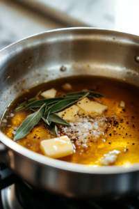 Cooking brown butter sauce with garlic and sage for pumpkin ravioli